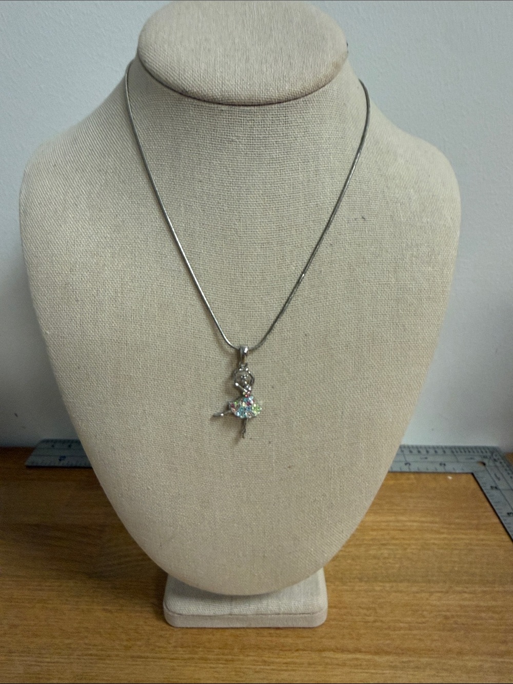 Silver tone ballerina pendant dancer with rainbow rhinestones